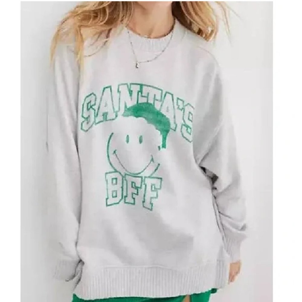 Aerie Oversized Down-To-Earth Crew Sweatshirt Santa's BFF Light Gray Size S